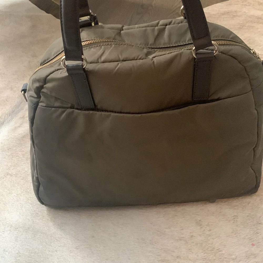 Lo & Sons Olive Green O.M.G. Laptop bag with gold hardware and tan interior. - Picture 2 of 5